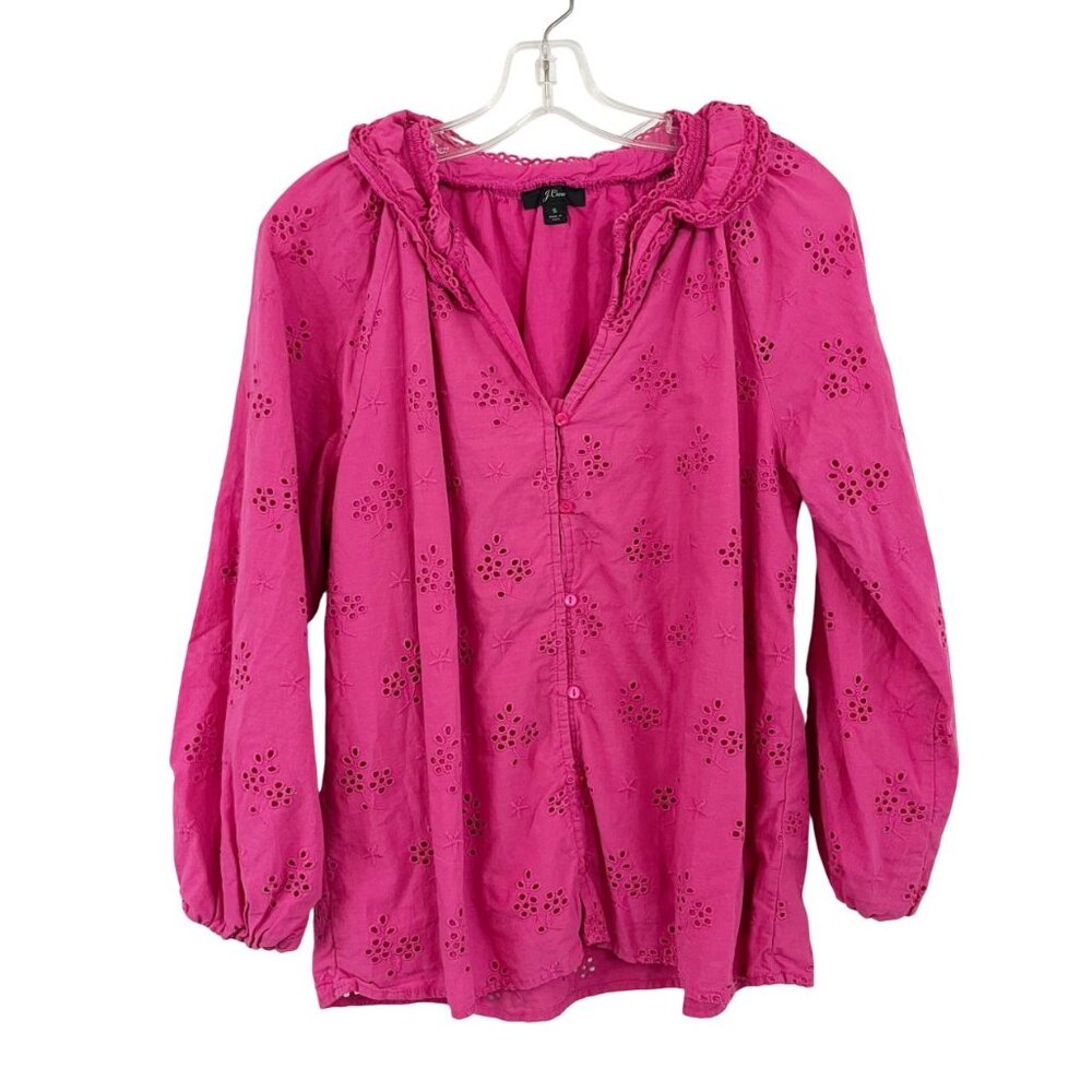 J. Crew Pink Eyelet Ruffle Long Sleeve Button Shirt Preppy Cottagecore SMALL